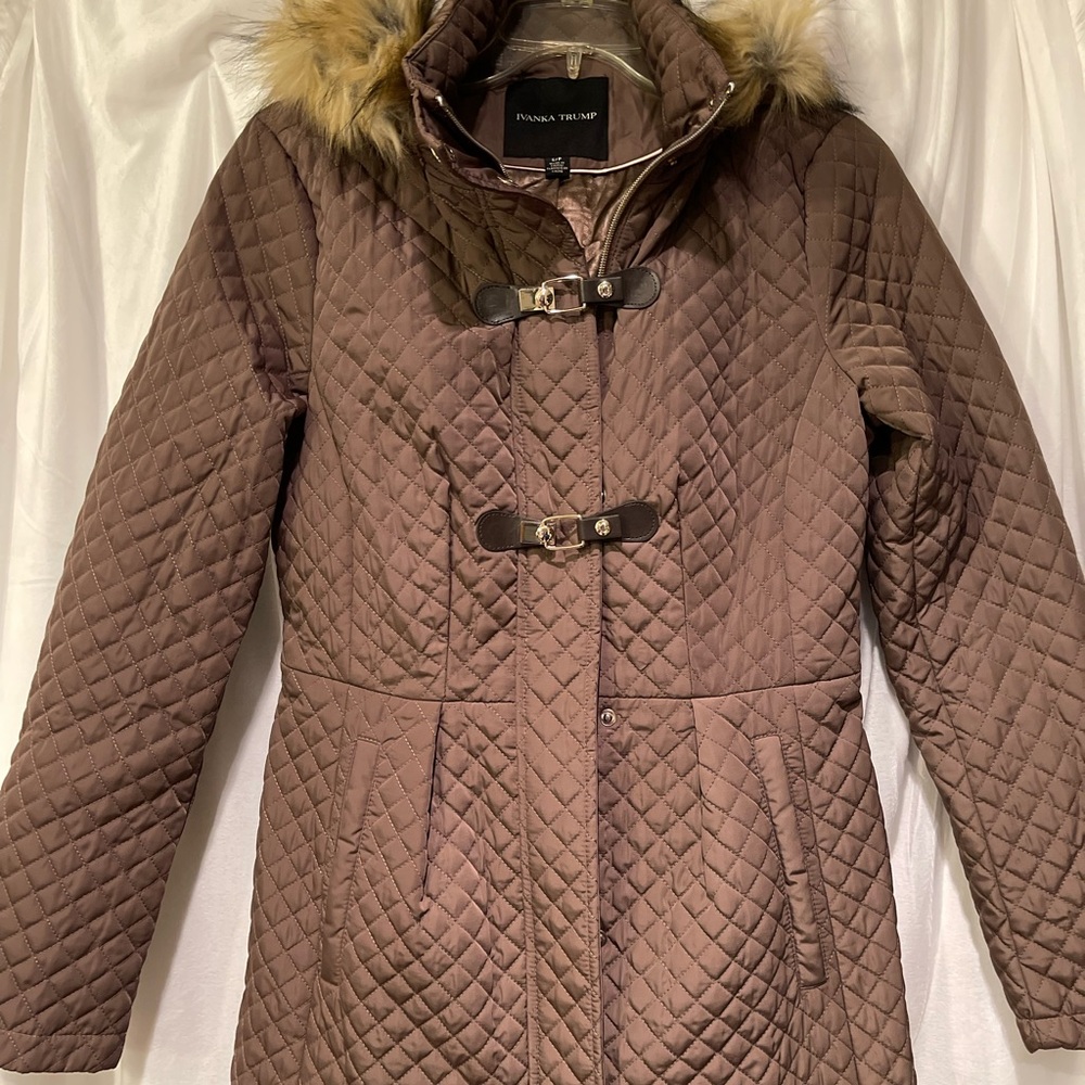 Quilted, fur lined hood (detachable) winter jacket